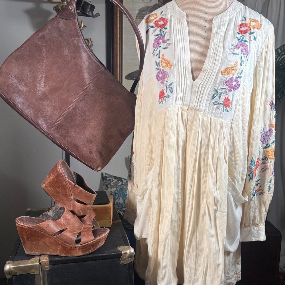Free People Cream Embroidered Boho Tunic Dress Floral Babydoll Long Sleeve M - Picture 1 of 11